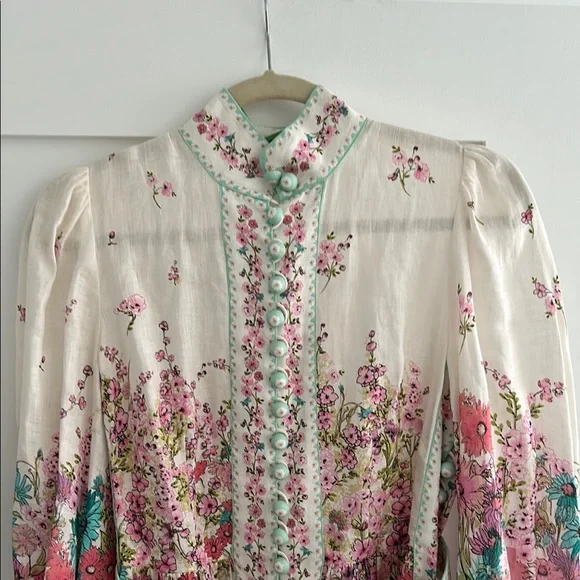 Zimmermann Floral High Neck Linen Dress